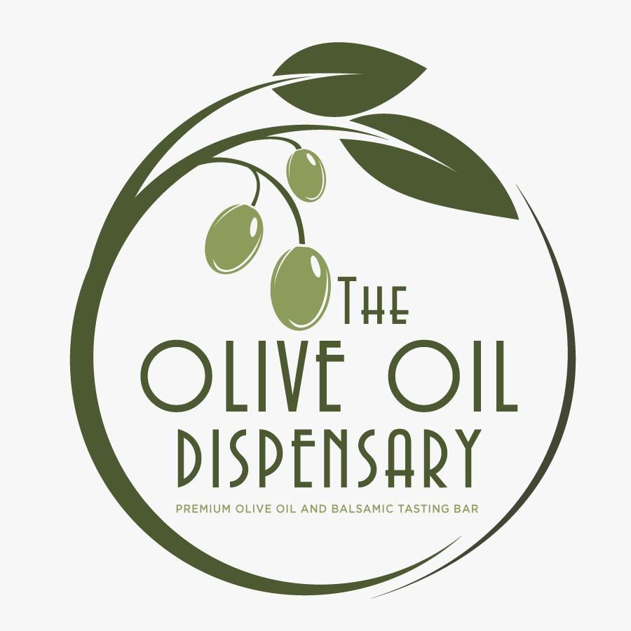 Logo of The Olive Oil Dispensary featuring an olive branch with three olives. Text reads: "The Olive Oil Dispensary, Premium Extra Virgin Olive Oil and Balsamic Tasting Bar.